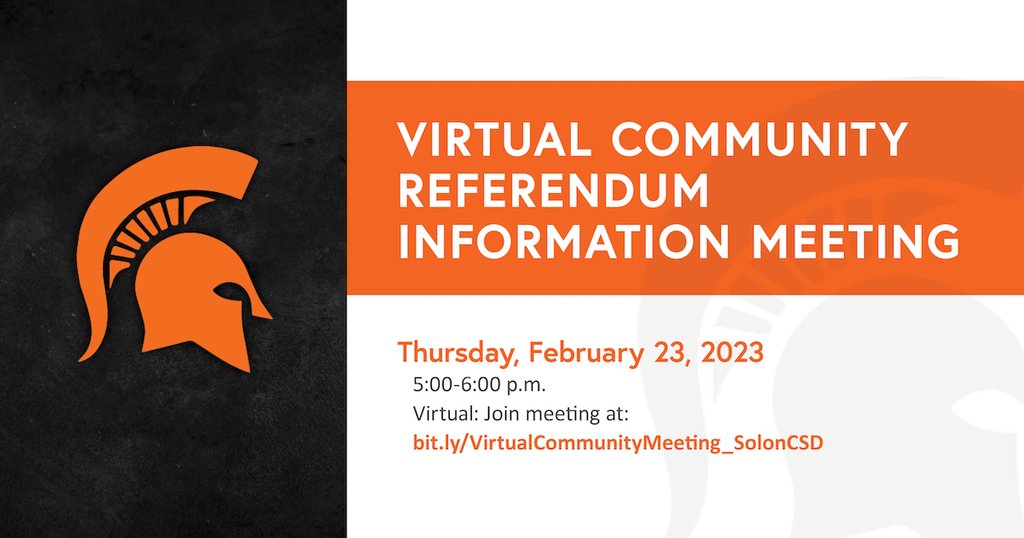 Attend the VIRTUAL community information meeting at 5:00-6:00 p.m. tonight to answer your questions about the upcoming facility bond referendum! Please note that you must register for this meeting at bit.ly/VirtualCommuni…. #SolonVotes2023
