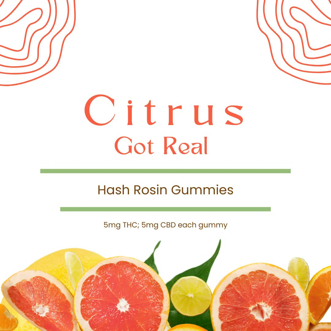 Citrus Got Real gummies made with Hash Rosin for a balanced, well-rounded effect. 

5mg of THC &amp; 5mg of CBD in every gummy; 2 gummies per bag

#HashRosin #HashRosinEdible