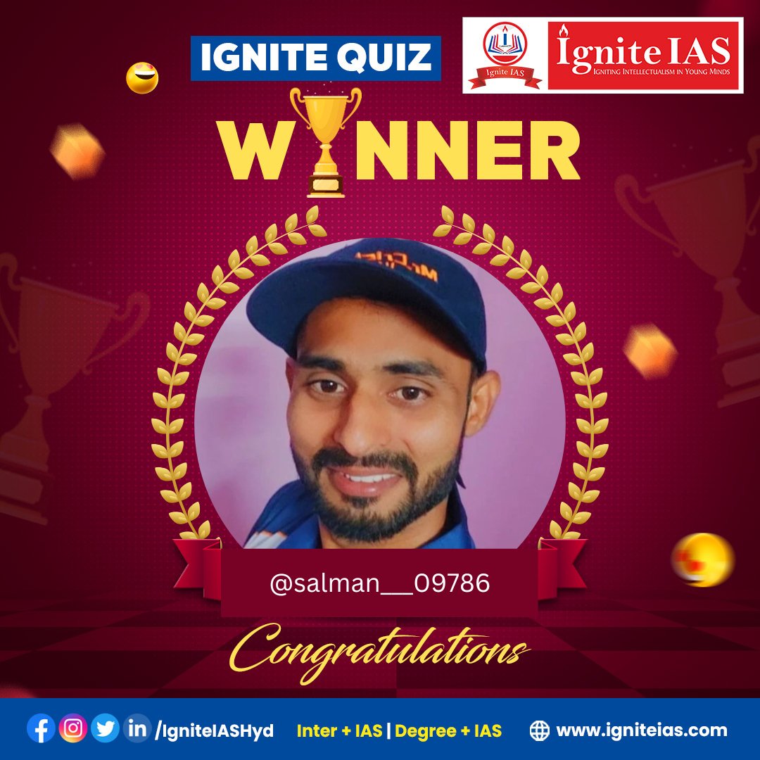 IasIgnite's tweet photo. Congratulations to salman___09786  for being the Winner of #igniteiasQuiz

#igniteias #interwithIAS #DegreewithIAS #DirectIAS https://t.co/b6Rc39ciq5