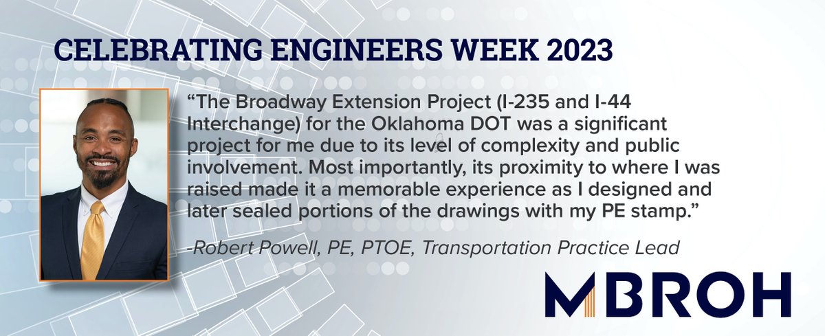 Today's #EWeek2023 #engineer 🌟spotlight 🌟 is Robert Powell, PE, PTOE, who leads #transportation services from our #Oklahomacity office. 
#proudpe #WhatEngineersDo