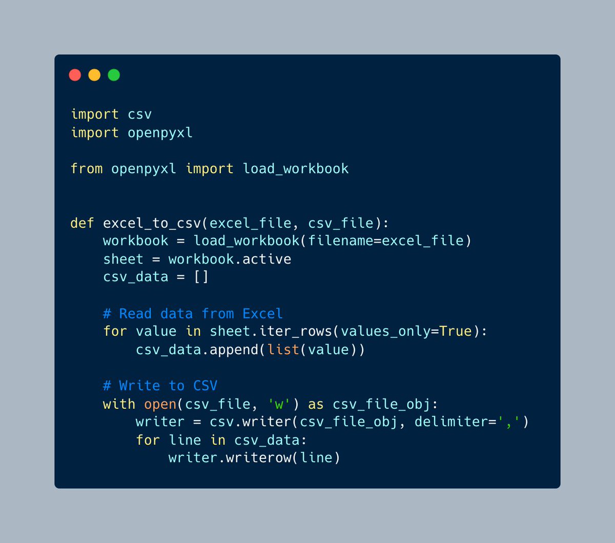 driscollis's tweet image. How to convert an Excel file to CSV using #Python and #OpenPyXL