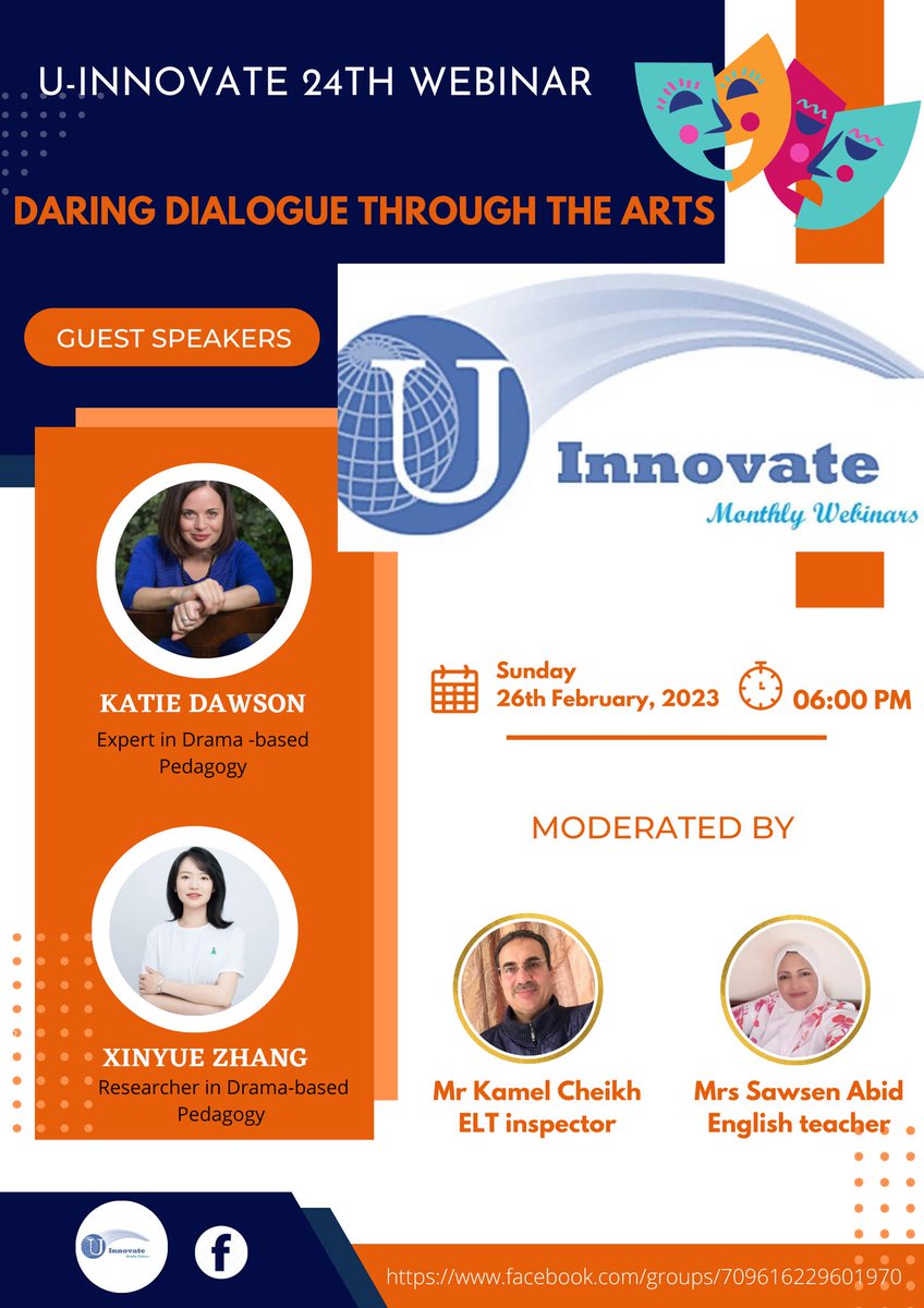 atoui_lama's tweet image. 📣24th Monthly Webinar
The U-innovate Steering Committee is pleased to invite you to its 24th monthly webinar on the topic of: Daring Dialogues through The Arts 💬🎭 by Katie Dawson and Xinyue Zhang from the University of Texas, USA.
➡️Link: bit.ly/3kkSXoN