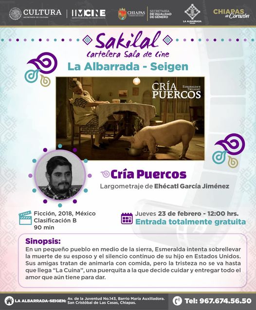 CCCMexico's tweet image. #CineCCC #ÓperaPrima 🐷
Hoy
Jueves 23 de febrero
12 h
Sala de Cine “Sakilal”, Barrio María Auxiliadora, San Cristobal de las Casas Chiapas.

*Cría Puercos*
Ópera Prima CCC
Dirigida por Ehécatl Garage

Entrada libre