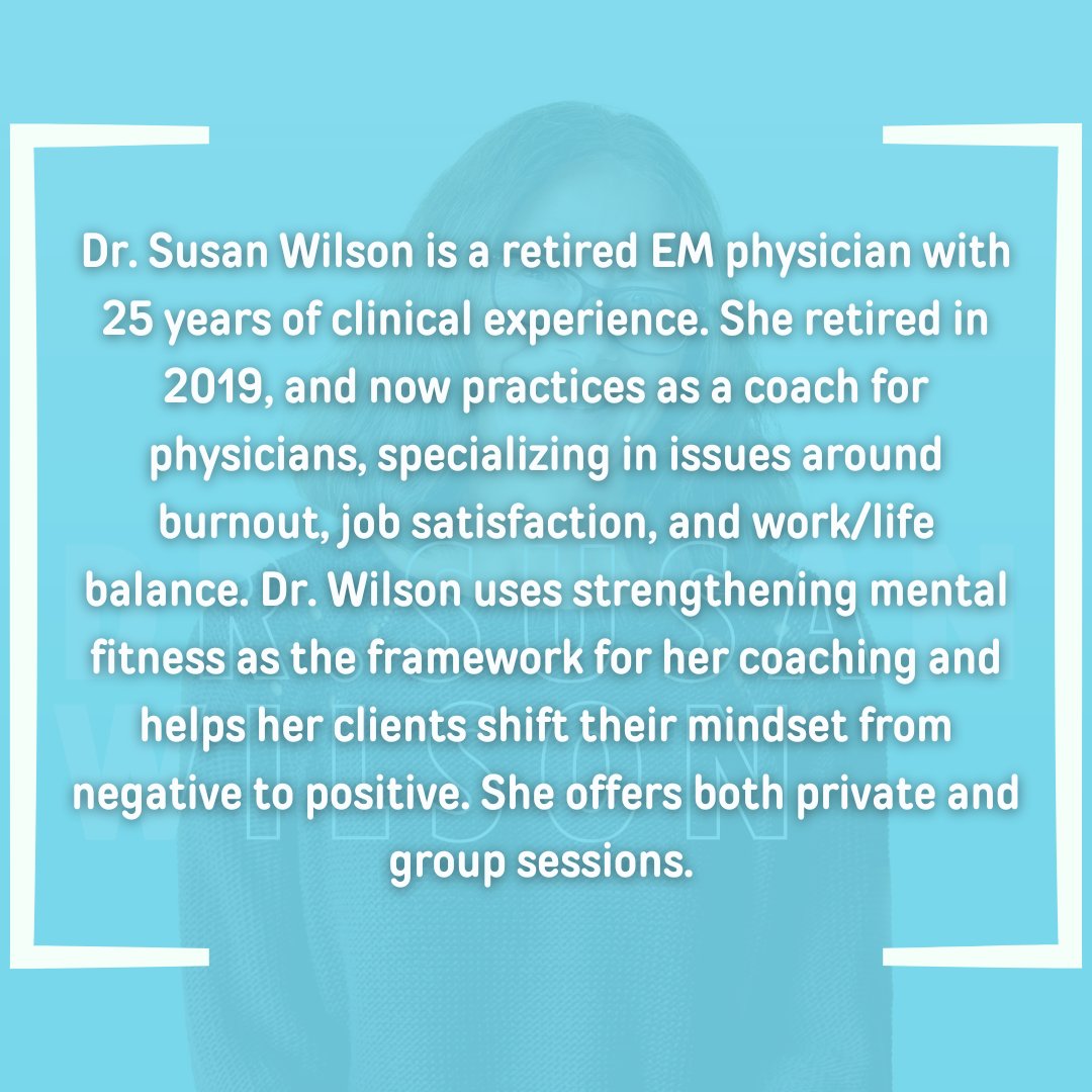 #PostTraumaticGrowth
We'd like to highlight one of our friends at #DocUR❤️.
Dr. Susan Wilson is a retired EM physician w/ 25 years of clinical experience.
She'll be joining Dr. Kiki in the next installment of our #ClinicianMentalHealth series!

Visit @AMWADoctors  to register!