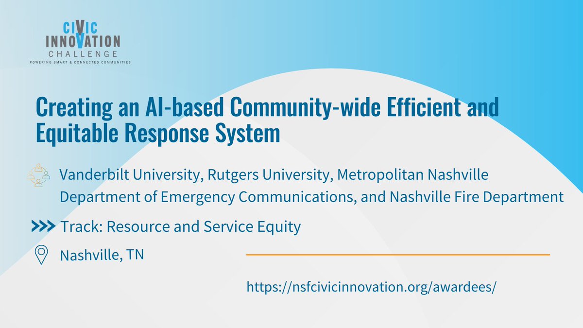 ✨#NSFCIVICStage1 highlight✨
@VanderbiltU, @RutgersU, @MetroNashville Dept of Emergency Comms & Fire Dept aim to create a community-centric approach to build an efficient and equitable emergency response system.
#NSFCIVIC #CIVIC2022 #NSFfunded bit.ly/3VR28LP
