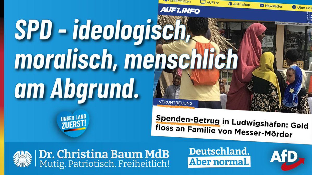 DrChristinaBaum's tweet photo. #SPD-OB @JuttaSteinruck verhöhnt Opfer &amp; Helfer grausamer #Bluttat in #Ludwigshafen, treibt Schindluder mit Spendengeldern für Opferangehörige. Verteilt die zur Hälfte auch an die Ex-Frau des #Messermörders aus #Somalia

https://t.co/Yc1gdA9gql

https://t.co/E0mIPXAQjs

#AfD #ULZ https://t.co/I0YH4vexzJ