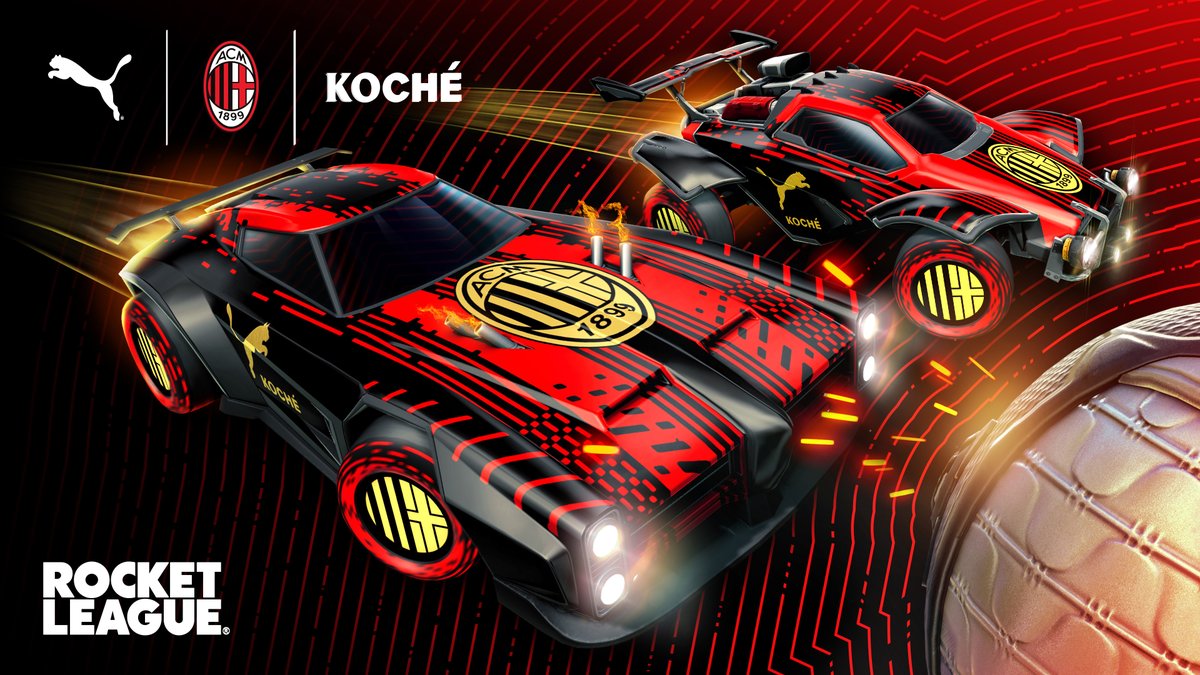 RocketLeague's tweet image. Legendary Soccer Club @ACMilan enters the Rocket League pitch with a set of Decals and Wheels showcasing the club’s new 4th jersey, created in collaboration with @PUMA and fashion label KOCHÉ.

Learn More: rl.gg/ACMilan