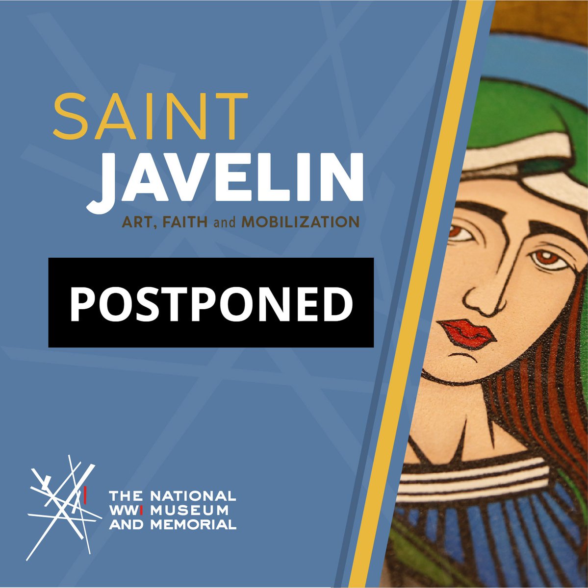 Due to a family medical event, the Museum and Memorial is postponing the Saint Javelin: Art, Faith and Mobilization conversation planned for Feb. 24 until later this year. The reception benefiting Stand with Ukraine KC will continue as planned at 5 p.m.: bit.ly/3ZOjvP1