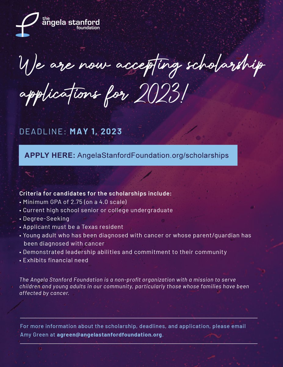 4ASFoundation's tweet image. The deadline to apply has been extended to May 1!

If you are a young adult that has been diagnosed with cancer or have a parent/guardian that has been diagnosed with cancer, then you can apply for the Angela Stanford Foundation scholarship.

LEARN MORE: angelastanfordfoundation.org