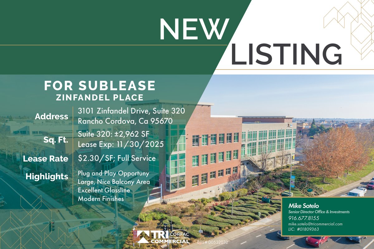 TRIcommercial's tweet photo. New Listing | Available for Sublease at Zinfandel Place, Suite 320: ±2,962 SF Available. Located in a high visibility mixed-use building built in 2009, with excellent freeway access to Highway 50.  Master Lease Expires 11/30/25. https://t.co/WFpzxIeRnH