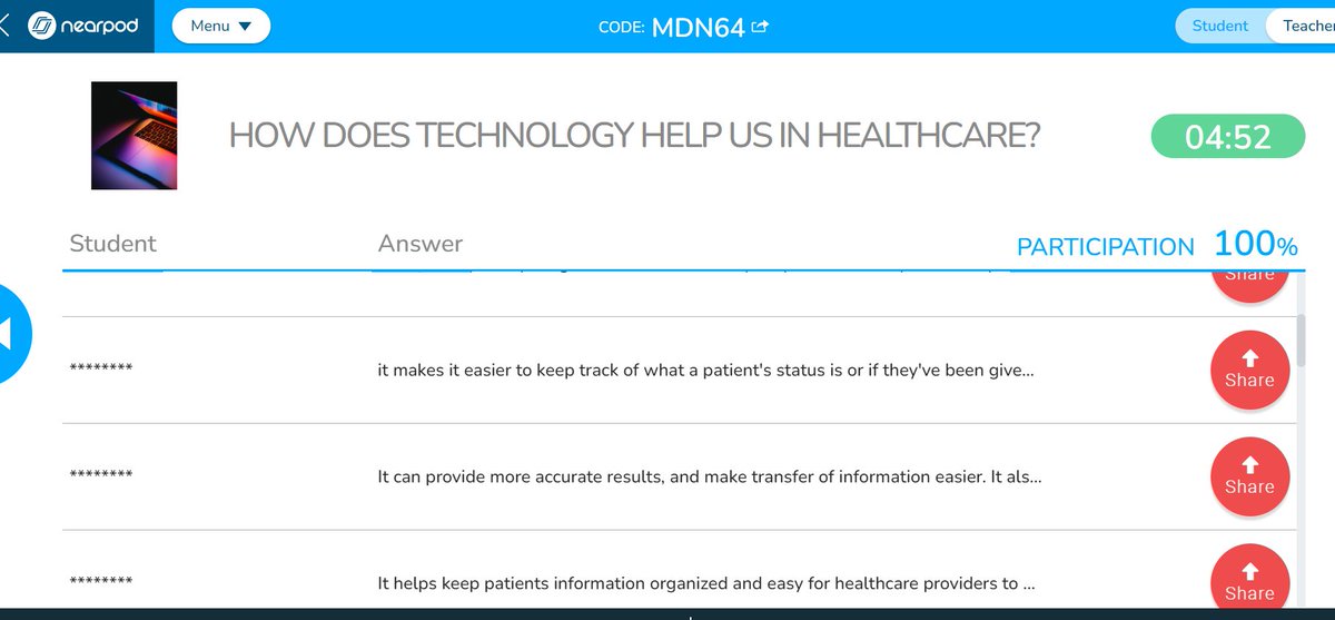 Starting class with a reflective bell ringer using <a href="/nearpod/">Nearpod</a> features. Reflection questions on the use of technology in day-to-day life, as a student, and in healthcare settings. Awesome thoughts and answers from students! @jcitytnschools #JCSDLD2023 @JCSTechleads @officialDLDDay