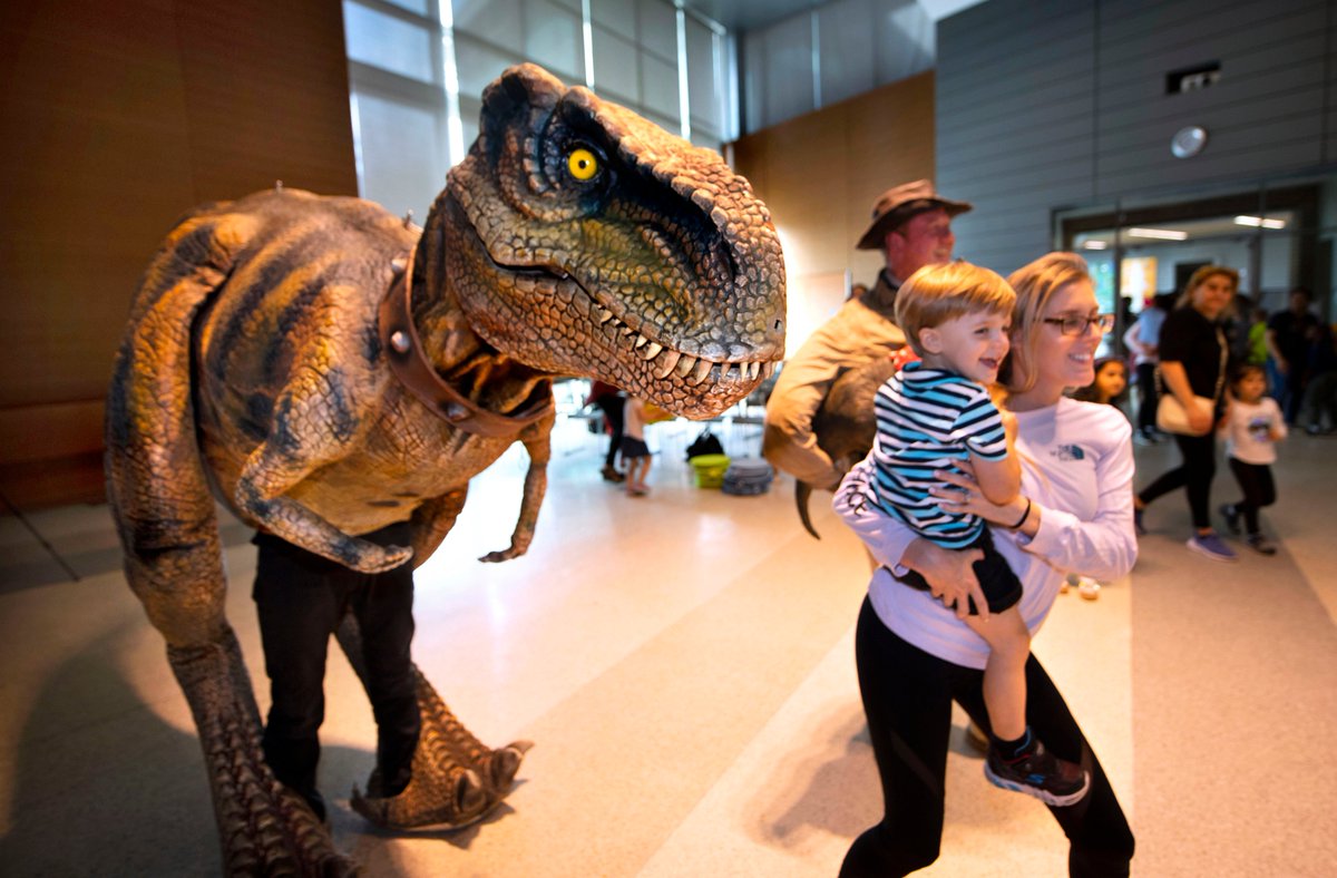 TravSprad's tweet photo. Advocate photos: 'Nash' , a large T-Rex dinosaur animatronic puppet, &amp; T-Rex baby 'Rexi' helped bring 'The Dinosaur Experience' to  Goodwood Library, Feb. 22, 2023, one of  first-ever dates at EBR libraries. @theadvocatebr  https://t.co/GmPKffZ3ou https://t.co/UeoeDTAXYM