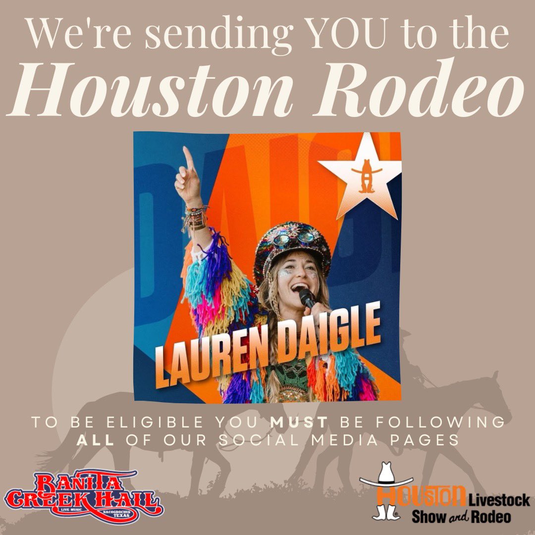 BanitaCrkHall's tweet photo. Winners for day 2 have been chose and notified! Let’s start day 3 for Lauren Daigle! 

It’s almost rodeo time in Houston 🤠 and Banita Creek Hall wants to send you and a friend to see some awesome concerts‼️‼️‼️

Starting  at 10 AM 🕙 we will be doing 19 days of ✨ give-aways ✨ for each show across all of our social media platforms. Each contest will last 24 hours and the winners will be notified one week in advance to make plans. 

All you���ll have to do is:

👍🏼-Like this post 
🐎-Share this post 
🐄- Tag a friend in the comments 

-To be eligible to win you must be following all of our platforms. You can enter on each social media site too 😉 

Good luck 🍀 

#BanitaCreekHall #livemusic #countrymusic