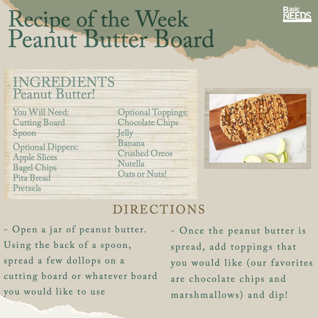 BasicNeedsCSUMB's tweet image. This week we bring you a special treat - for those hosting or participating as a guest at your next event, try this yummy peanut butter board! It&apos;s a fun way to use up that last bit in a jar of peanut butter or jelly that won&apos;t make a sandwich.. but will taste so good!