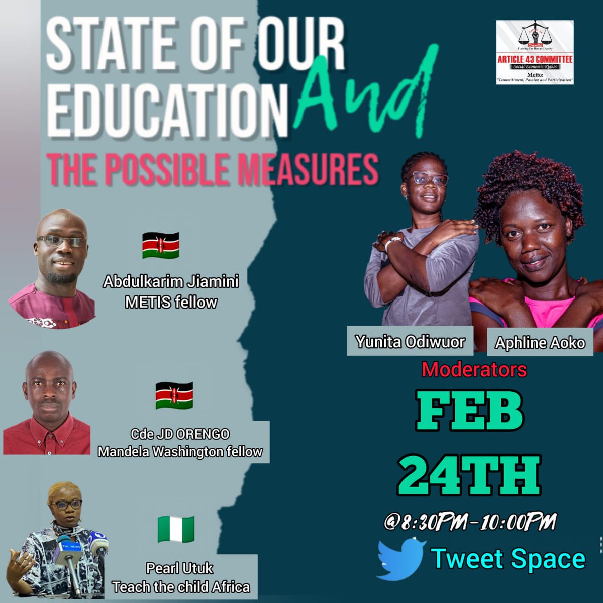 Tomorrow inside #TwitterSpace, we discuss #StateOfEducation in Kenya with @Abdul_Taraja
On the mic. 
Kindly, tune in and contribute. Make comments and ask questions! 

#Jiamini. #transformingeducation #fundeducationke
@MetisCollective @YALIRLCEA @YALIAlumniKe @WashFellowship