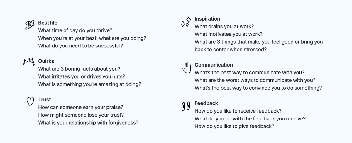 Riffing on user manual questions (for async team building). Inspired by <a href="/rodneyevans919/">Rodney Evans</a> and <a href="/aarondignan/">Aaron Dignan</a>. Feedback section is a bit weak imo.