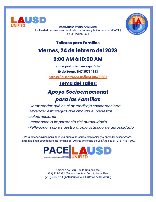 Please join us for the FAMILY ACADEMY Region East Parent and Community Engagement (PACE) Unit SEL Workshop for Families on Friday 2/24/23 at 9 a.m. Zoom ID: 847 3575 1333