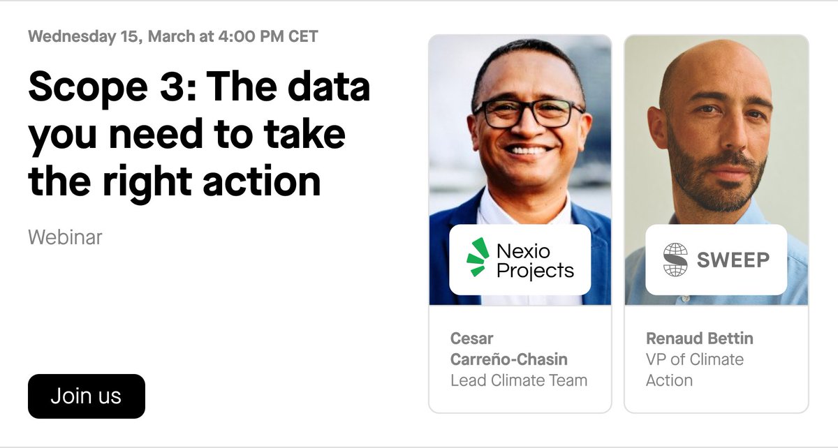 On Wednesday 15 March, join our VP of Climate Action @RenaudBettin and Cesar Carreño-Chasin of @NexioProjects to learn how to turn carbon data into an asset for achieving your climate goals.

Save your spot 👉 go.sweep.net/3ZhVBKK
#supplychain #climatestrategy #scope3