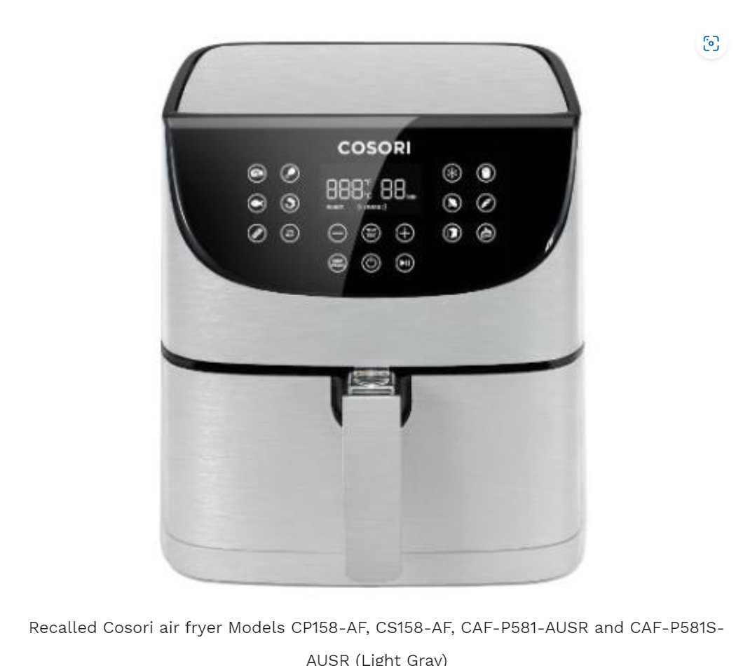 USCPSC's tweet photo. #Recall: @CosoriCooks 2 Million COSORI® Air Fryers Recalled by Atekcity. A wire connection in the air fryers can overheat. 205 reports air fryers catching fire, burning, melting, overheating, and smoking. Get replacement. Full notice: https://t.co/MJi5cAcJv5 https://t.co/HxehxQj5sc