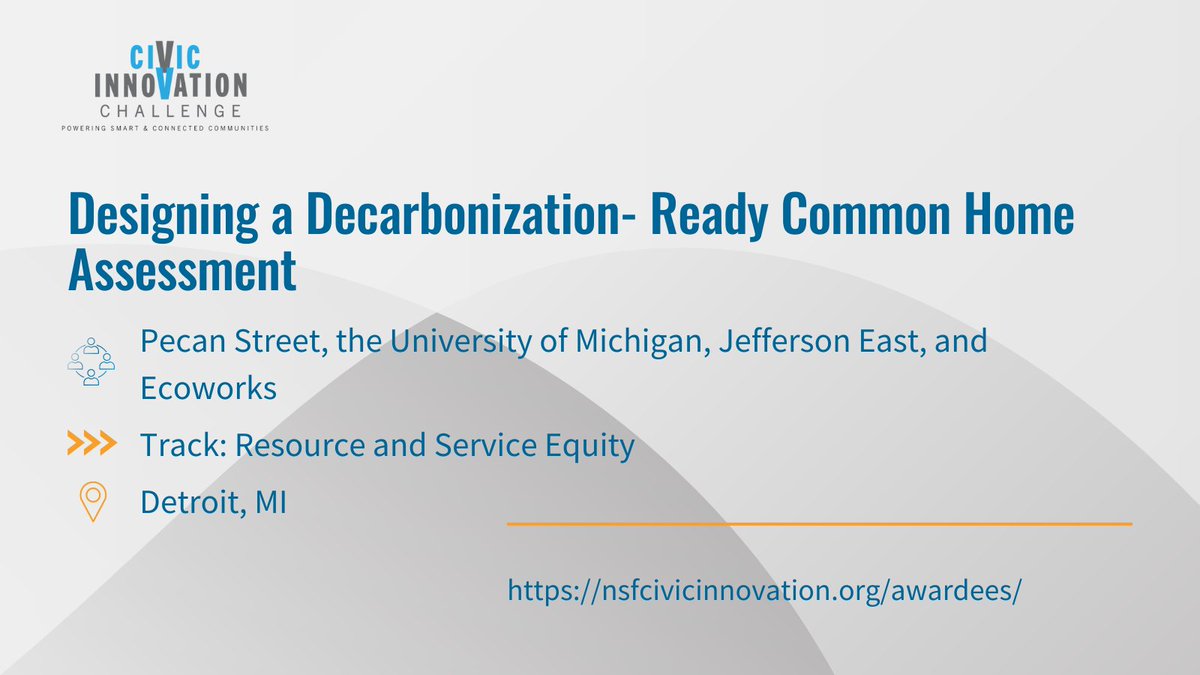 ✨#NSFCIVICStage1 highlight✨
@pecanstreetinc, @UMich, @JeffEastInc, and @ecoworksdetroit will design a Decarbonization-Ready Common Home Assessment pilot to benefit low-income families of color in Detroit. 
#NSFCIVIC #CIVIC2022 #NSFfunded bit.ly/3VR28LP
