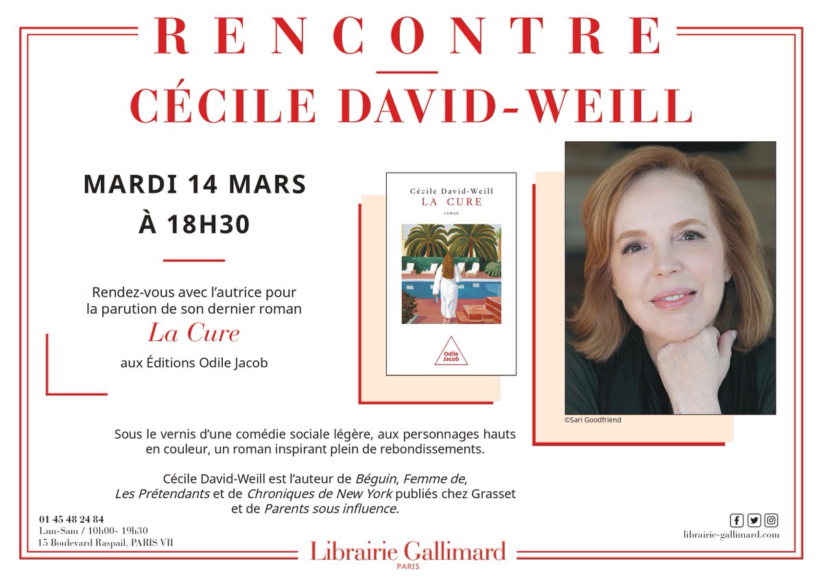 cdavidweill's tweet photo. Le mardi 14 mars, RDV à la Librairie Gallimard à partir de 18h30 pour une rencontre et signature à l'occasion de la parution de "La Cure" aux éditions @OdileJacob #Rencontre https://t.co/R5qNZ0LQkO
