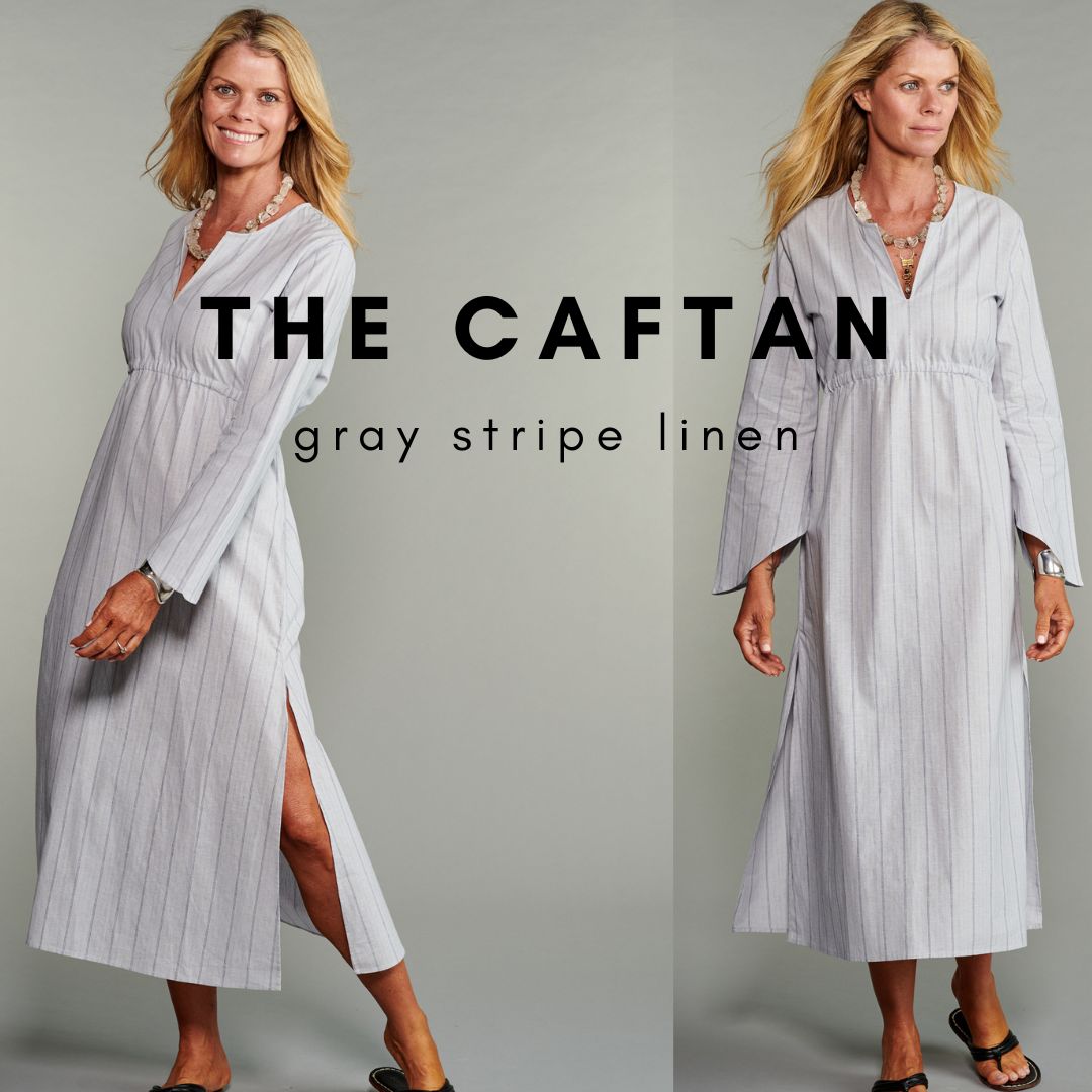 Getting ready for a warm-weather spring getaway next month? Pull on our best-selling Caftan, now available in a beautiful soft gray stripe linen.#caftan #springfashion