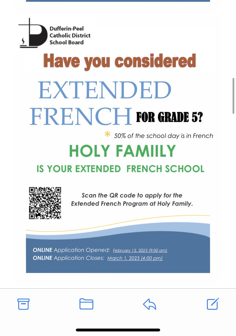 Attn G 4 families ! Ext French Deadline to apply is March 1st and fast approaching ! Develop your child’s love of French and nurture future opportunities ⁦<a href="/StJohnPaul2/">St. John Paul II Catholic Elementary School</a>⁩ ⁦@st_nicholas15⁩ ⁦<a href="/JBAPT_DPCDSB/">St. John the Baptist</a>⁩ ⁦<a href="/StCorneDPCDSB/">St. Cornelius School</a>⁩ ⁦<a href="/St_EVAN_Caledon/">St. Evan Catholic Elementary School</a>⁩ ⁦⁩