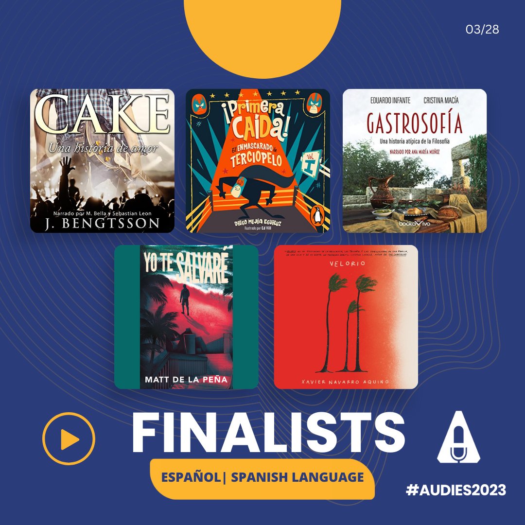 Congratulations to our Español - Spanish Language finalists! #Audies2023!

<a href="/SirenaAudiobook/">Sirena Audiobooks</a> <a href="/bookavivo/">BookaVivo</a> <a href="/PRHAudio/">Penguin Random House Audio 🎧 📚</a> <a href="/HarperAudio/">HarperAudio</a> 
<a href="/CakeALoveStory/">J. Bengtsson</a> <a href="/mattdelapena/">Matt de la Pena</a> <a href="/V_Vico_Ortiz/">Vico Ortiz</a> <a href="/yettitag/">Yetta Gottesman</a> <a href="/recordedbooks/">Recorded Books</a> #audiobookawards #loveaudiobooks #audiobooks #narrators #español