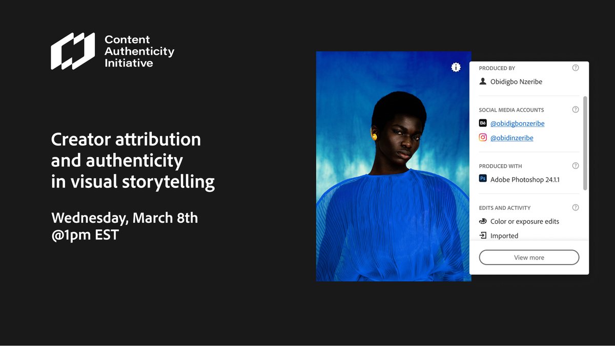 📣 Calling all creators. Authentic storytelling and attribution are more important than ever. Join us for a livestream on Content Credentials in <a href="/Photoshop/">Adobe Photoshop</a>, bringing easy access to the open standard for content authenticity.  

Wed March 8, 1pm EST ➡️ adobe.ly/cai-content-cr…