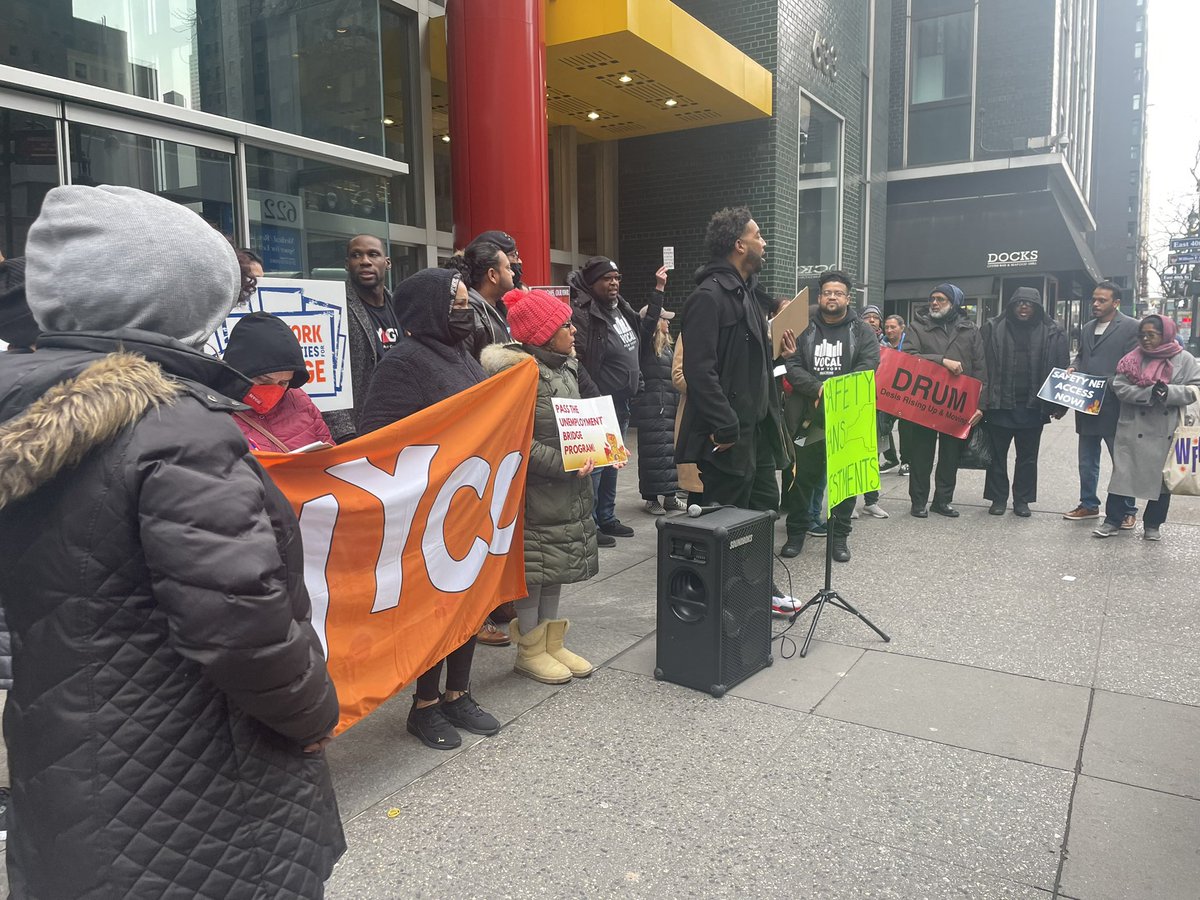 NOW: We are outside <a href="/GovKathyHochul/">Governor Kathy Hochul</a> to say the real way to tackle public safety in NY, is to invest in our communities! That means affordable housing and keeping people in their homes, that means a safety net for all workers,

#SafetyMeansInvestments #ExcludedNoMore
