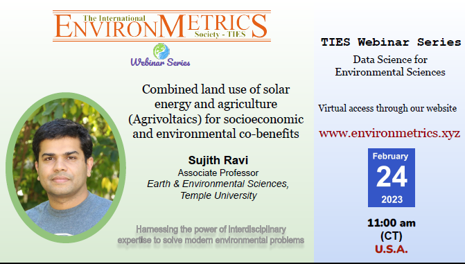 TIES_isi's tweet photo. Tomorrow! Socioeconomic and environmental benefits of agrivotaics - the combined land-use of solar energy and agriculture. TIES webinar 24 Feb 11:00CT / 18:00 CET #agrivotaics #environmentalstats #statscom ##statistics @Ecohydro_Soils https://t.co/EW9kuAgUJE