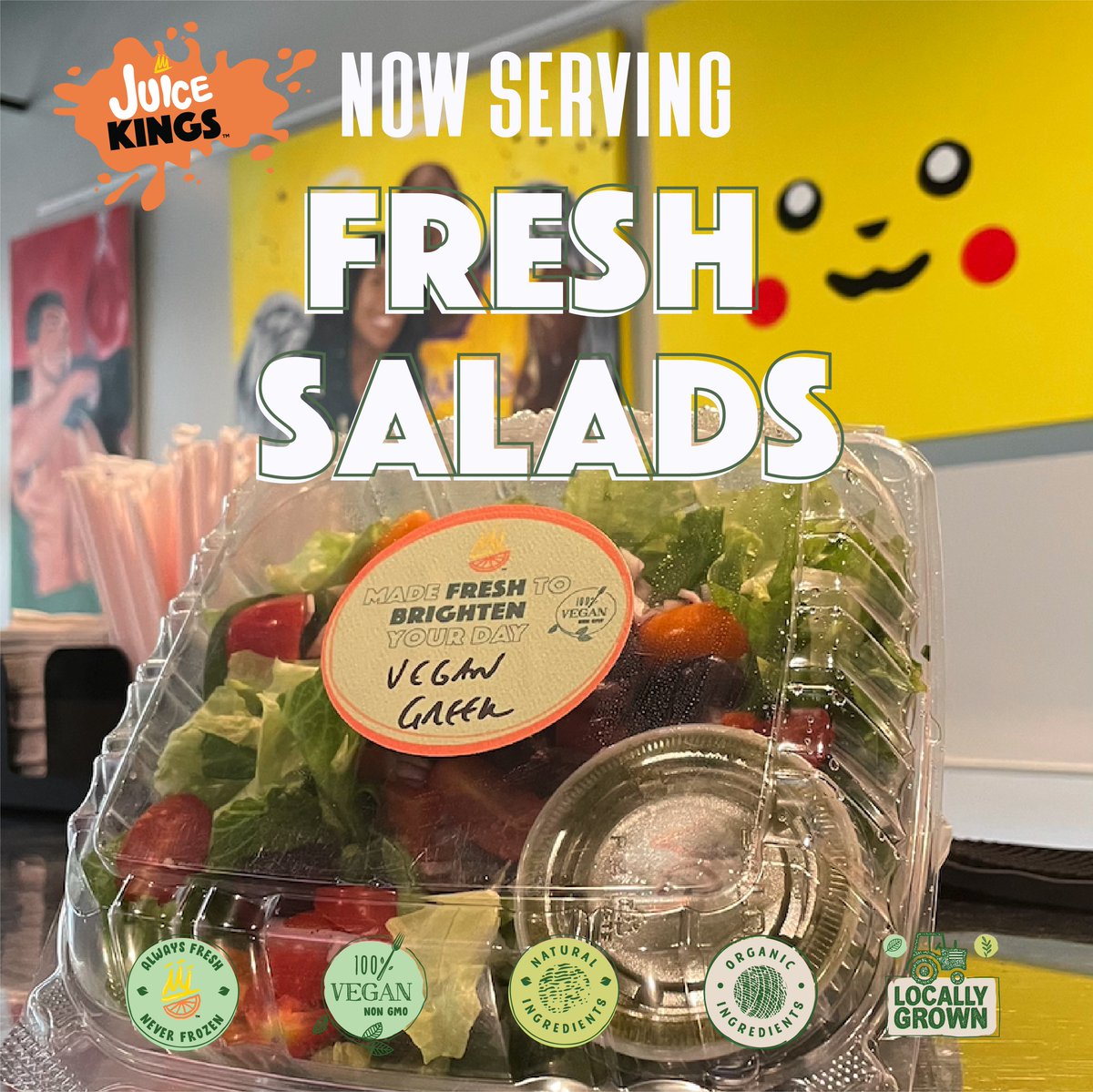 JuiceKingsCT's tweet photo. Come to juice KINGS and make your taste buds dance with our new salad menu. 

Our salads are made with fresh, seasonal ingredients and the perfect balance of flavors. 

Enjoy the crisp taste of our garden greens, the juicy texture of our tomatoes, and the crunch of our roasted... https://t.co/BHvW6c5SQr