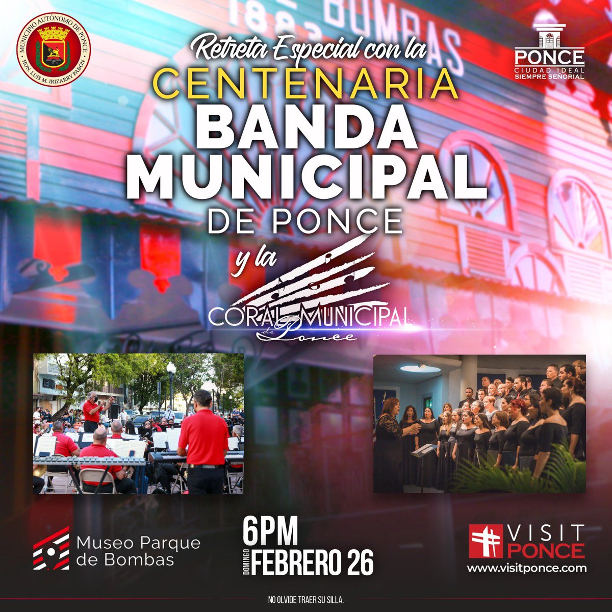 Este domingo, 26 de febrero la Coral Municipal de Ponce se une a la Centenaria Banda Municipal de Ponce, para presentarles una Retretes Especial inolvidable. 📍 Museo Parque de Bombas ⏰ 6pm ✨𝙽𝚘 𝚜𝚎 𝚙𝚒𝚎𝚛𝚍𝚊𝚗 𝚕𝚊 𝚜𝚞𝚋𝚕𝚒𝚖𝚎 𝚙𝚛𝚎𝚜𝚎𝚗𝚝𝚊𝚌𝚒ó𝚗. ✨ #VisitPonce