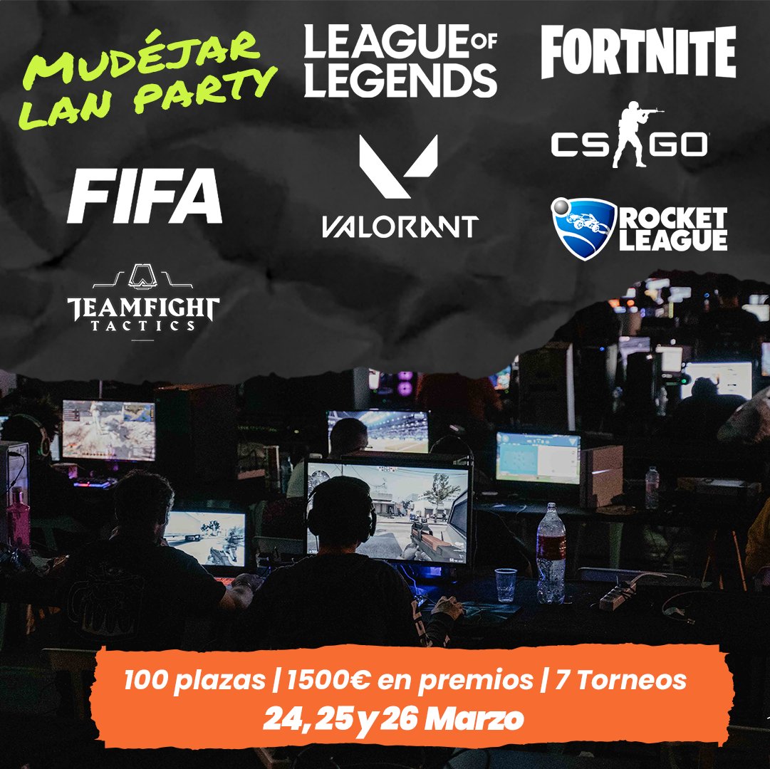 📣¡Os presentamos los Torneos de Mudéjar Lan Party!

🎟Inscripciones:
kenaz.es/mudejarlanparty

💰 1500€ en premios

#Fifa 1vs1
#leagueoflegends 5vs5
#teamfighttatics 1v1
#fortnite 1vs1
#CSGO #counter 5vs5
#valorant 5 VS 5
#rocketleague 2v2

Organiza @aytoteruel  @kenazesports