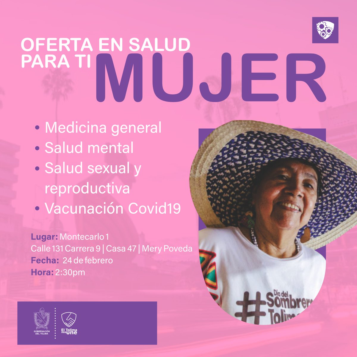 Nos vemos este viernes a las 2 y 30 de pm, en la casa de Mery Poveda, sector Montecarlo, barrio especial El salado, en donde la gobernación del Tolima realizará una jornada de salud para nuestras mujeres.