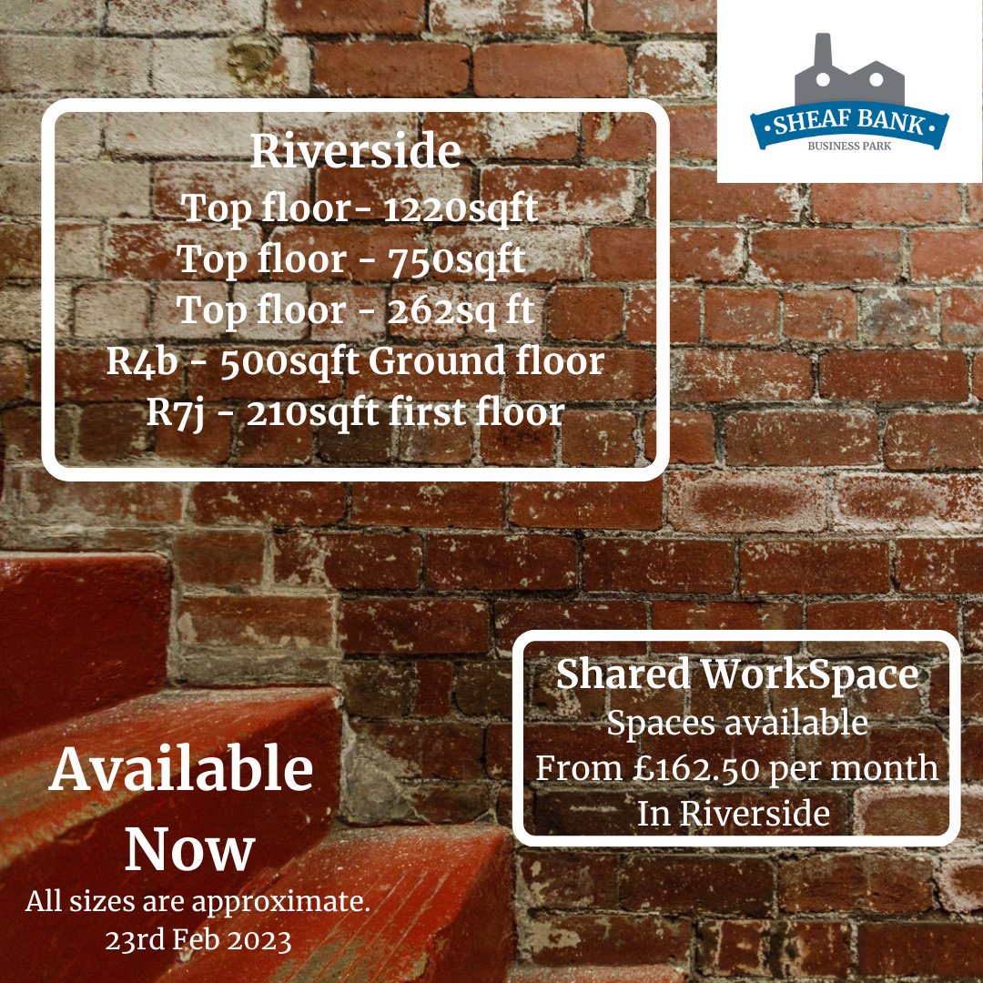 SheafBank's tweet image. We have these lovely units available in the Riverside Block. They would all be suitable for offices, or studios. R4b would be ideal for a 'goods in and out' business as it has wide doors and level access to the loading bay. 
#sheffieldissuper #office #studio #smallbusinessuk