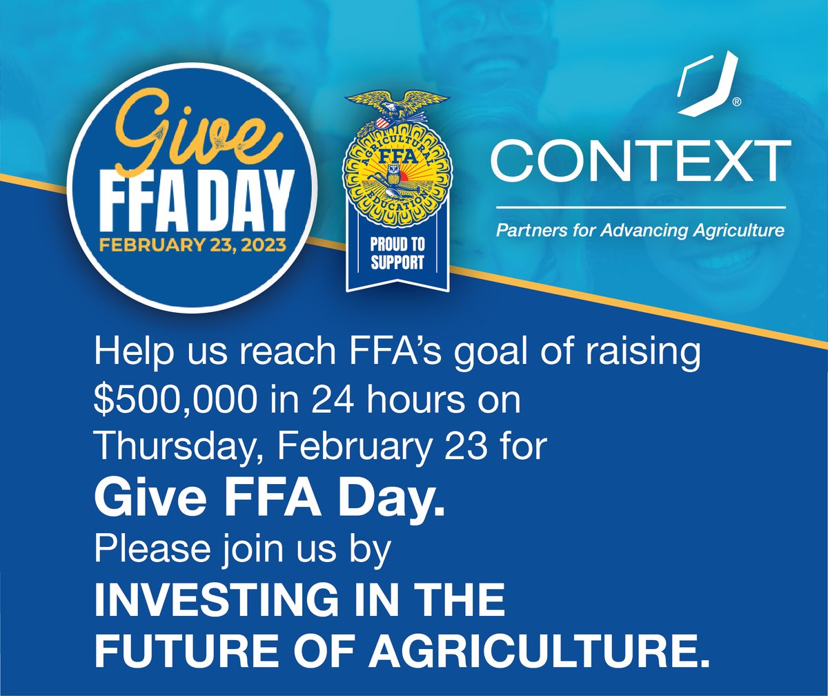 In honor of #GiveFFADay, please join The Context Network in investing in the future of agriculture by supporting FFA. Giveffaday.ffa.org will be available until 10am CST Friday, February 24th.

#advanceagriculture #FFAweek