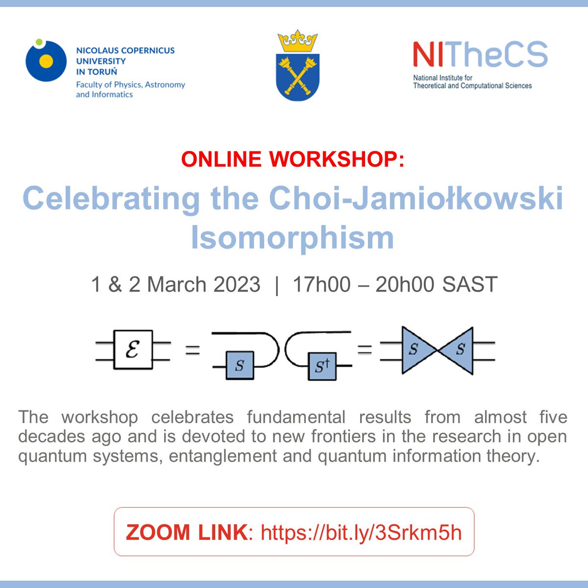 NITheCS's tweet photo. Workshop: 'Celebrating the Choi-Jamiołkowski Isomorphism' - 1-2 March 2023. Click on the Zoom link to attend online: https://t.co/JlacASESL7. https://t.co/hsqwLl82dr
#quantum #science #nithecs https://t.co/X5xzKvGDpj
