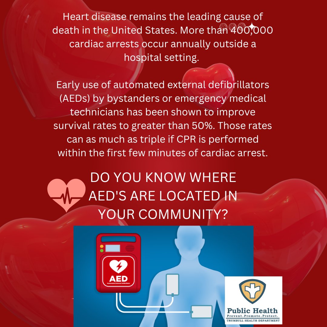 TrumbullHealth's tweet photo. Do you know where the AED's are located in our community? Some are located in places like grocery stores, gyms, all schools, all town buildings... make a game of it and see how many you can find around Trumbull! #TrumbullHealthDepartment #THD #AED #HeartHealth #CardiacArrest https://t.co/jz92EwL50B