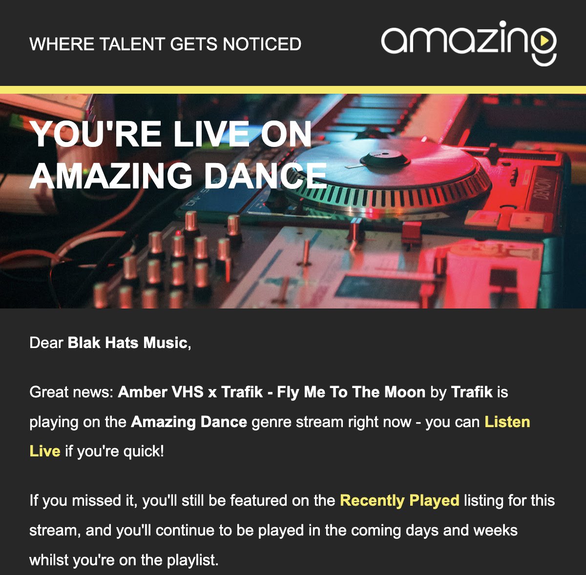 BlakHatsMusic's tweet image. Huge thanks to @amazingradio for the spin 📻🎧

Our release with @amber_vhs is now streaming on all platforms, and also RADIO! 🎉

Secured *5* playlists so far with the release, and several more exciting things coming down the pipeline.. 🎩🚀

ffm.to/trafikambervhs… ◀️ #NFTMusic