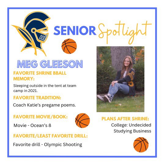 Shrine Girls Basketball (@shrine_gbb) on Twitter photo ⭐️ Senior Spotlight: Meg Gleeson ⭐️ Last but certainly not least, we celebrate our captain #13! Tomorrow night is Senior Night at the Field house! 7 pm vs Redford Union. 🏀💙💛 <a href="/ShrineSports/">Shrine Sports</a> <a href="/Shrine_Schools/">Shrine Schools</a> <a href="/gleeson_meghan/">Meg Gleeson</a> ⭐️ Senior Spotlight: Meg Gleeson ⭐️ Last but certainly not least, we celebrate our captain #13! Tomorrow night is Senior Night at the Field house! 7 pm vs Redford Union. 🏀💙💛 <a href="/ShrineSports/">Shrine Sports</a> <a href="/Shrine_Schools/">Shrine Schools</a> <a href="/gleeson_meghan/">Meg Gleeson</a>