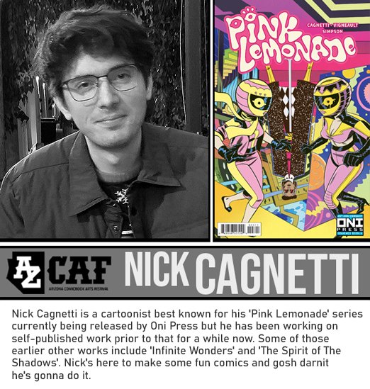 azcomicartsfest's tweet image. In 2 days, meet #NICKCAGNETTI, co-creator and artist of Pink Lemonade from Oni Press! See our full guest line-up and pre-purchase your tickets today! azcomicartfest.com #arizona #phoenix #comicconventions