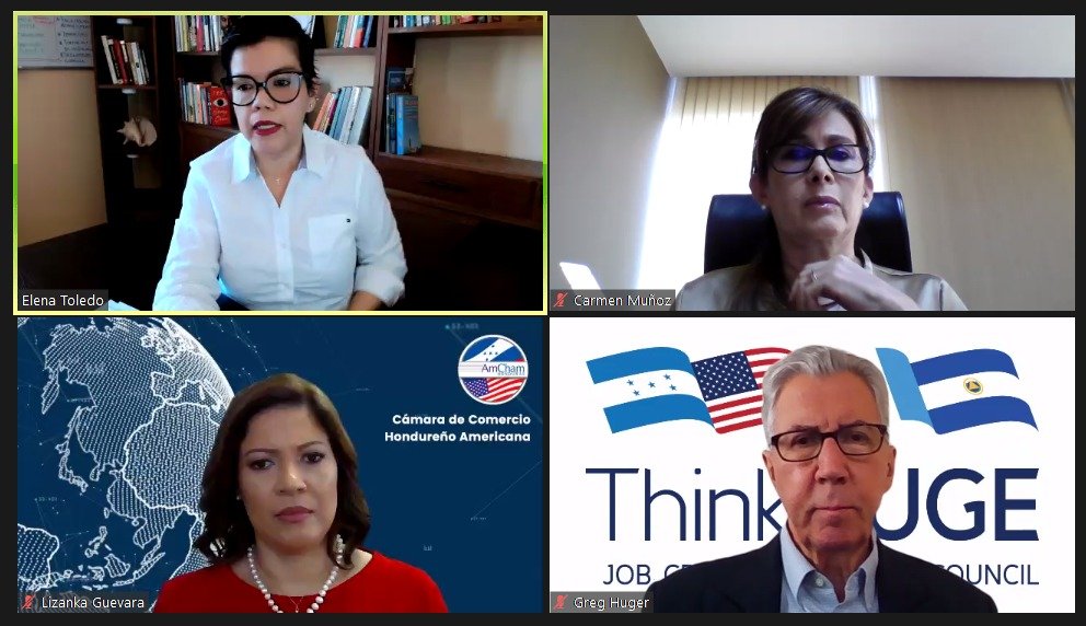 Elena Toledo, Directora Ejecutiva de @EleuteraHN, moderó el panel de expertos “Una agenda de acciones para el empleo”, donde participaron el Director Ejecutivo de ThinkHUGE, Gregory Huger y representantes de las Cámaras de Comercio Americanas – AMCHAM de cada uno de los países.