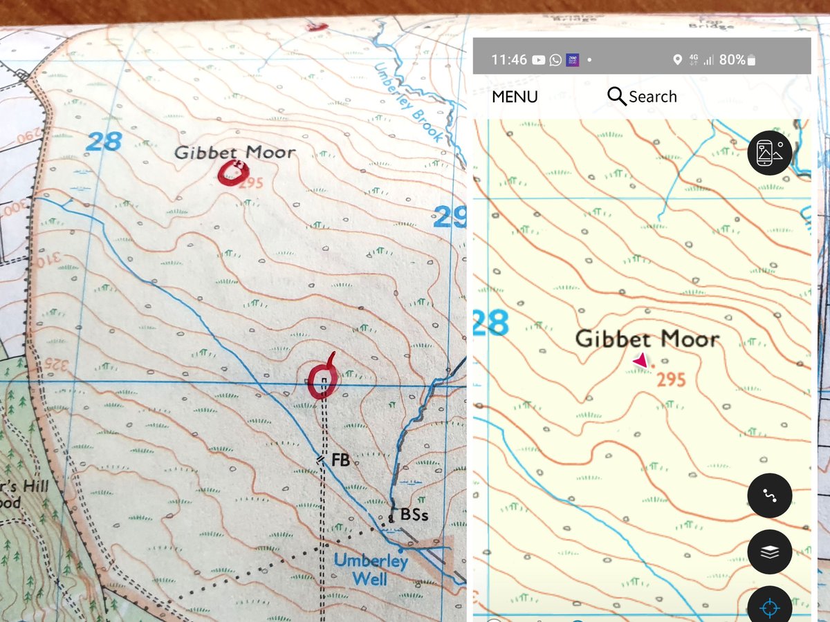 #SplodzDPC 22/2/2023 'As it Should Be'. A circle drawn on the map where I think I am and the OSMaps app confirming that I am indeed there.