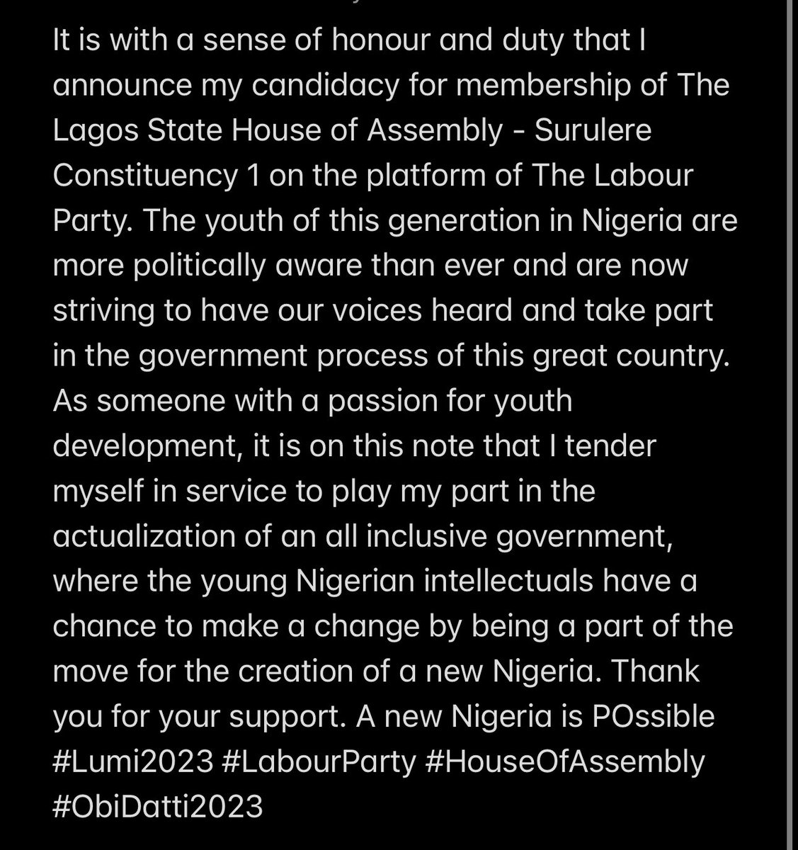 My name is Hon. Olumide Abiodun Oworu, and I am here to serve. Thank you for your support. #Lumi2023 #ObiDatti2023 #HouseOfAssembly #Surulere #LabourParty
