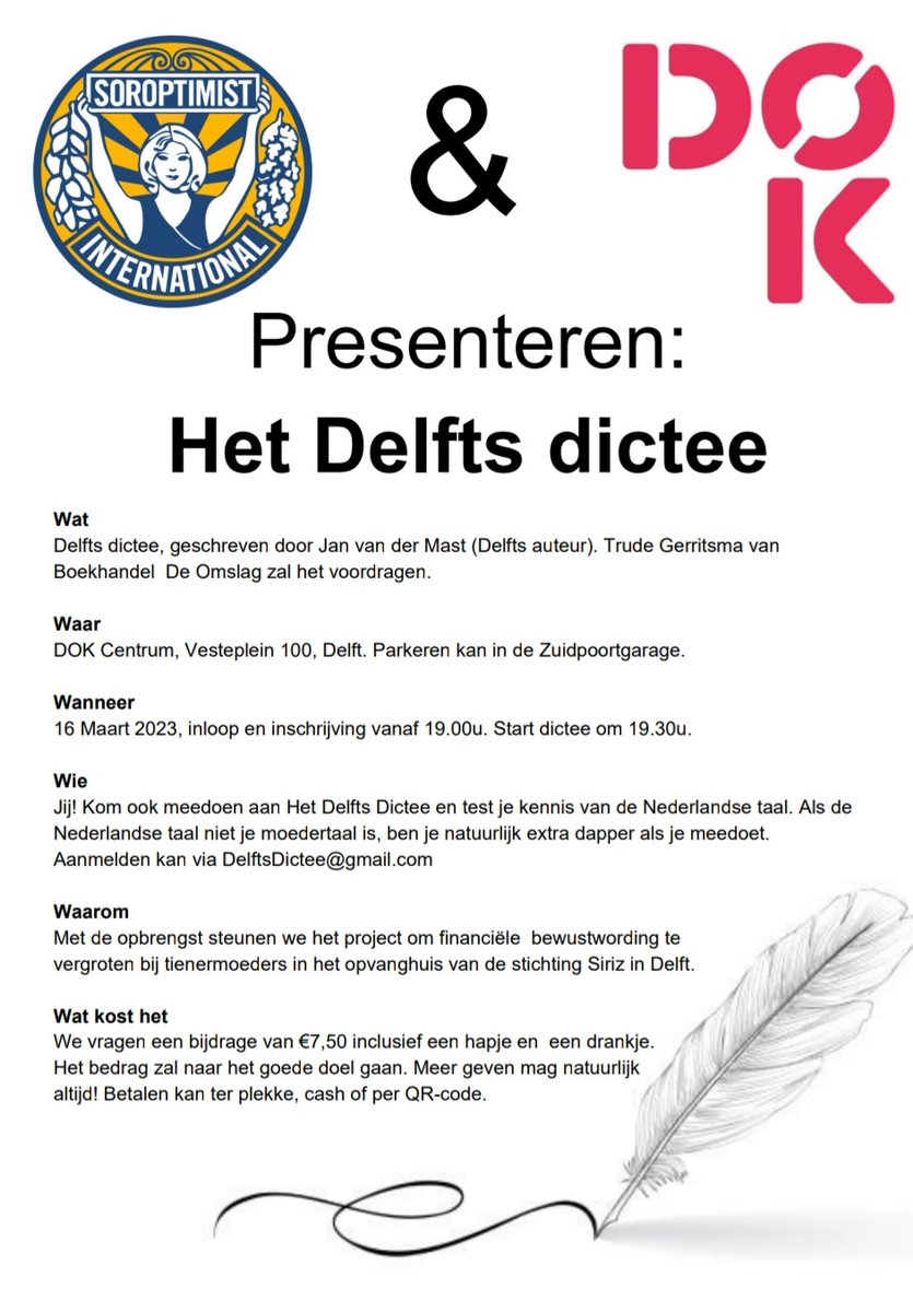 SoroptiDelft's tweet photo. Op 16 maart organiseren we in de #boekenweek ism @DOKDelft het eerste #DelftsDictee, geschreven door @janvandermast. Aanmelden via DelftsDictee@gmail.com https://t.co/0IB8aVwkTg