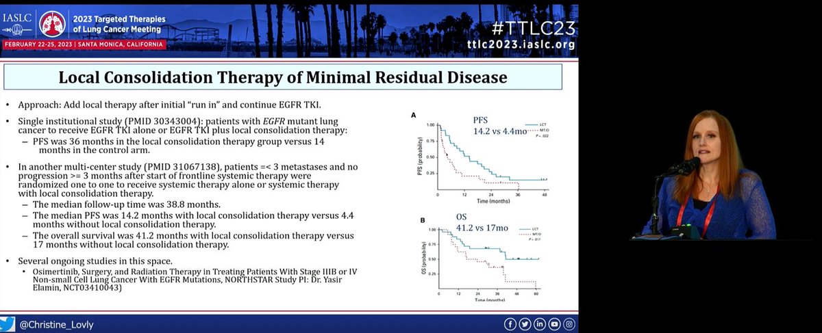 Impressive opening session from Dr @christine_lovly at @IASLC #TTLC23 on what's next for EGFR targeted therapies.

Great to hear of the exploration of 'MRD' - minimal residual disease. 50% tumour shrinkage is great, but what about the other 50? Perhaps persistor cells. #GoScience