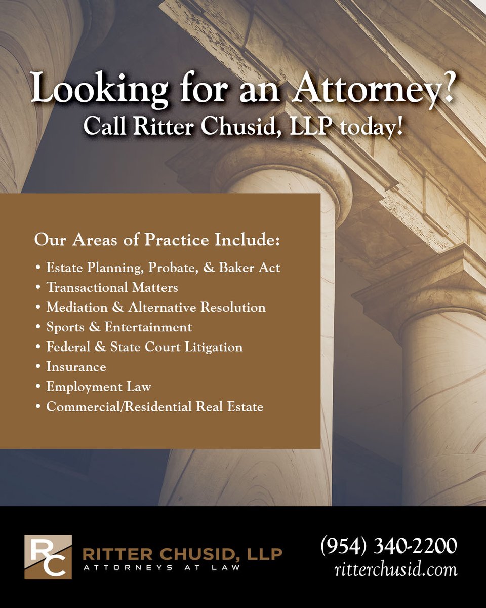 Are you looking for an attorney? Ritter Chusid is here to help! Visit our website or give us a call to schedule your consultation. #attorney #lawfirm #lawyer #law #arbitration #litigation #estateplanning #mediation #sports #entertainmentlawyer #sportsattorney #insurance