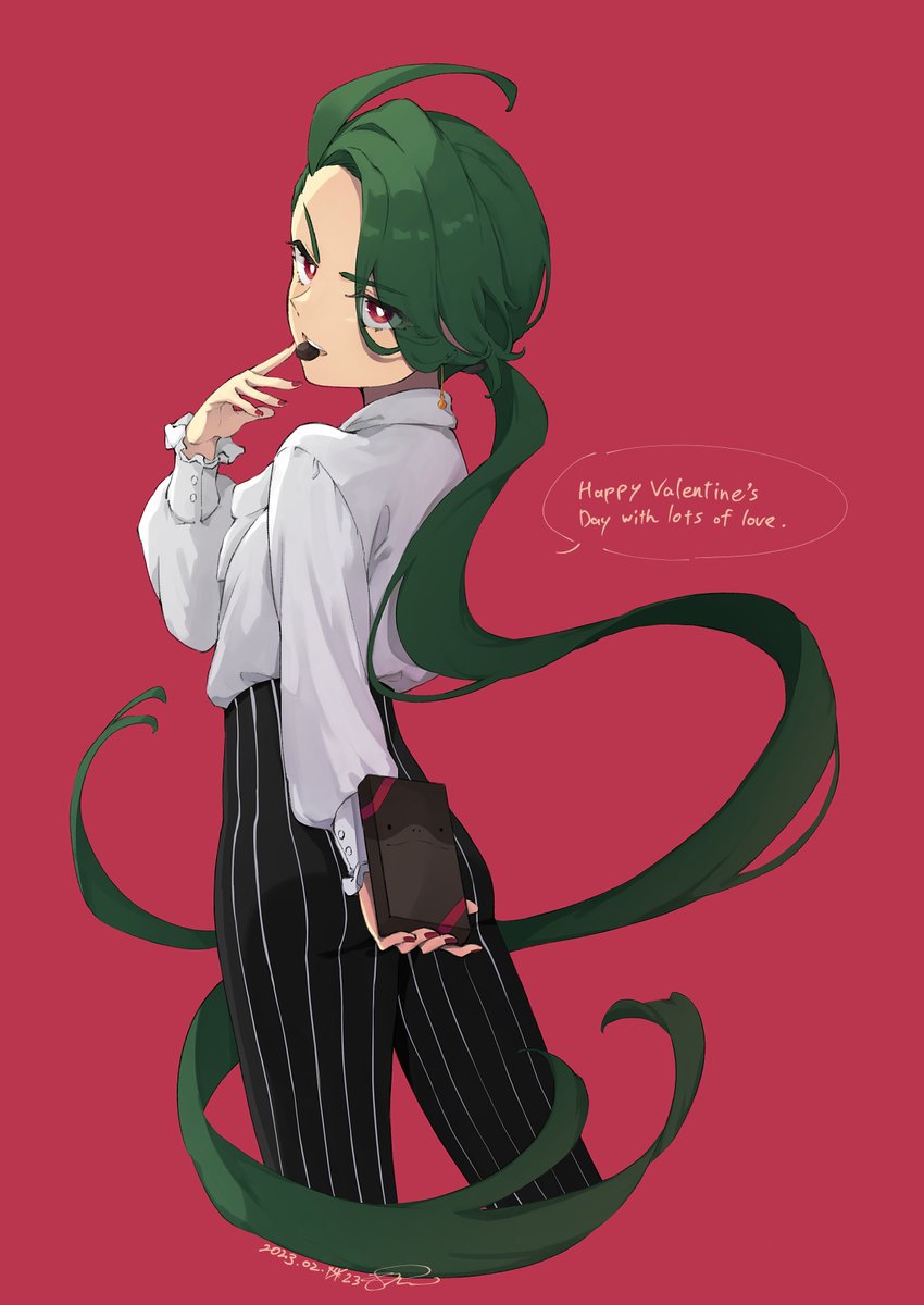 1girl pants solo long hair green hair red background shirt  illustration images