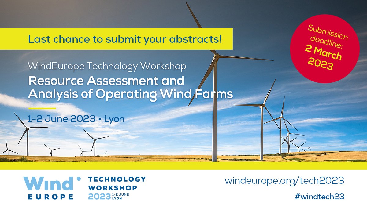 WindEuropeEvent's tweet photo. Calling all experts and researchers in the wind energy industry! It's your last chance to share your insights and original work at @WindEurope's Technology Workshop #WindTech23 in Lyon, 1-2 June 2023💡⚙️
⏳👉 Submit your abstract before 2 March 2023.
https://t.co/W4rf9hpQKl https://t.co/TRjZKGptXl